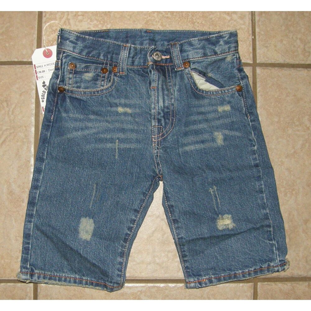 NWT Boys Sz 2 Distressed Adjustable Waist Long Denim Blue Jean Shorts GOLD RUSH